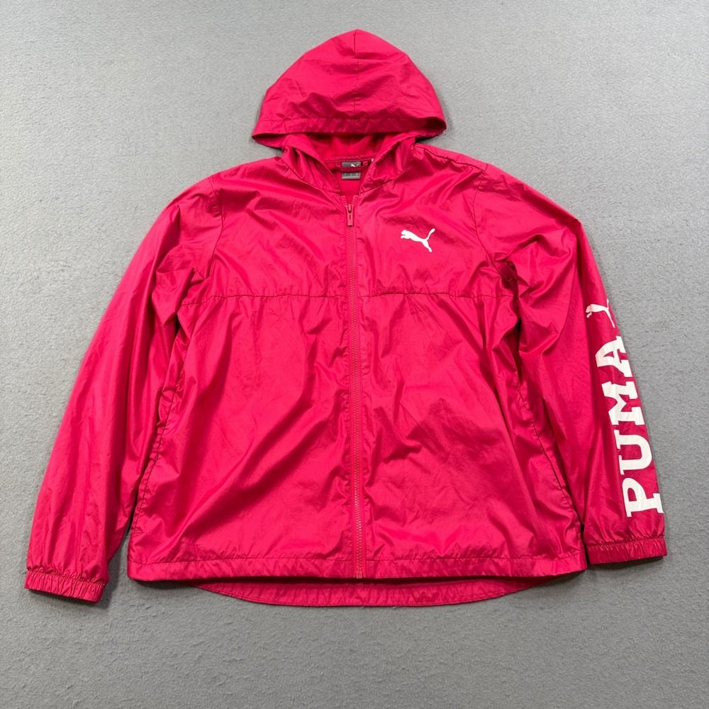 Puma Track Jacket Women's Large Pink Hooded Mesh Lined Windbreaker Activewear‎